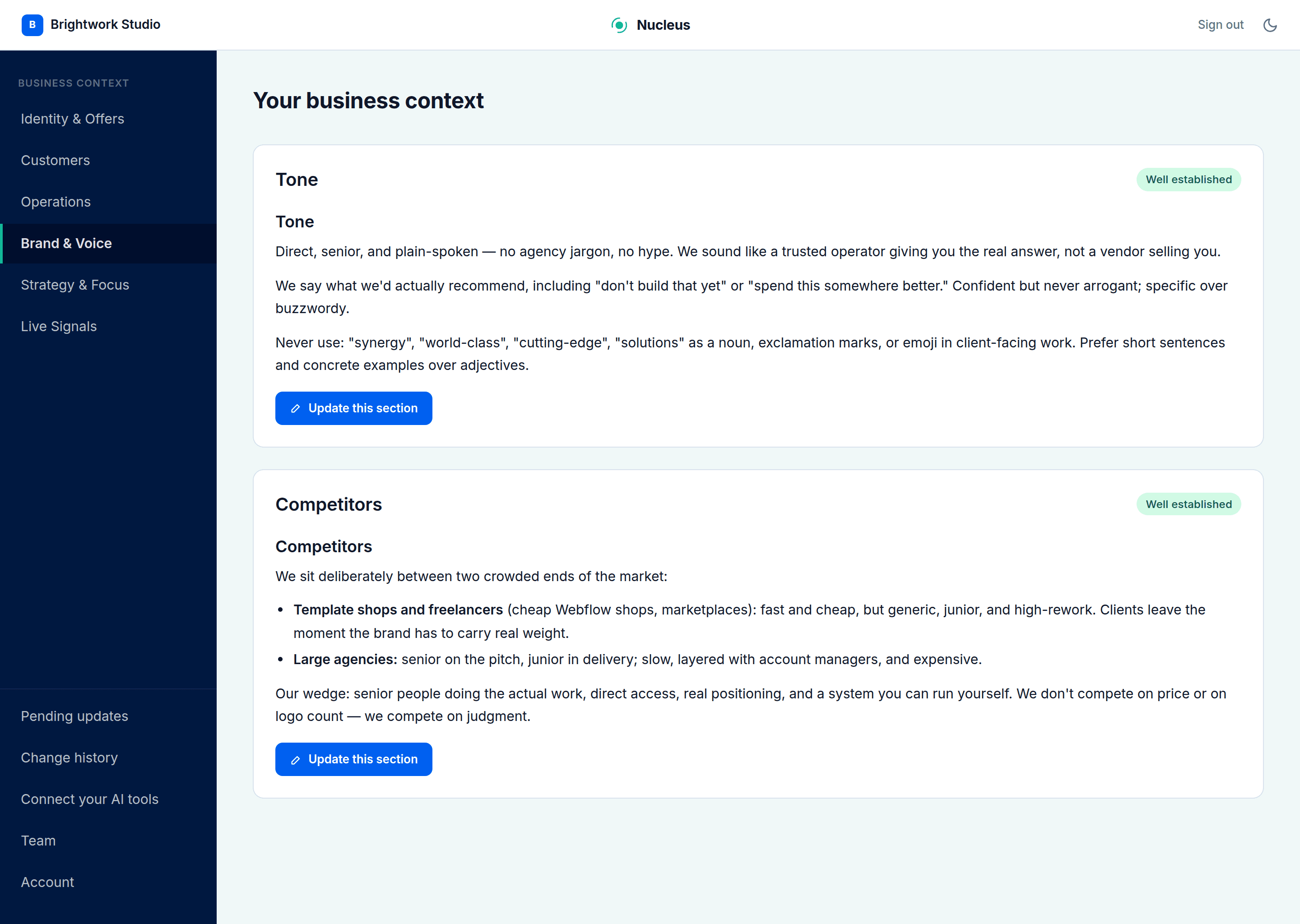 The Nucleus dashboard showing the Brand & Voice area — your tone and how you position against competitors.