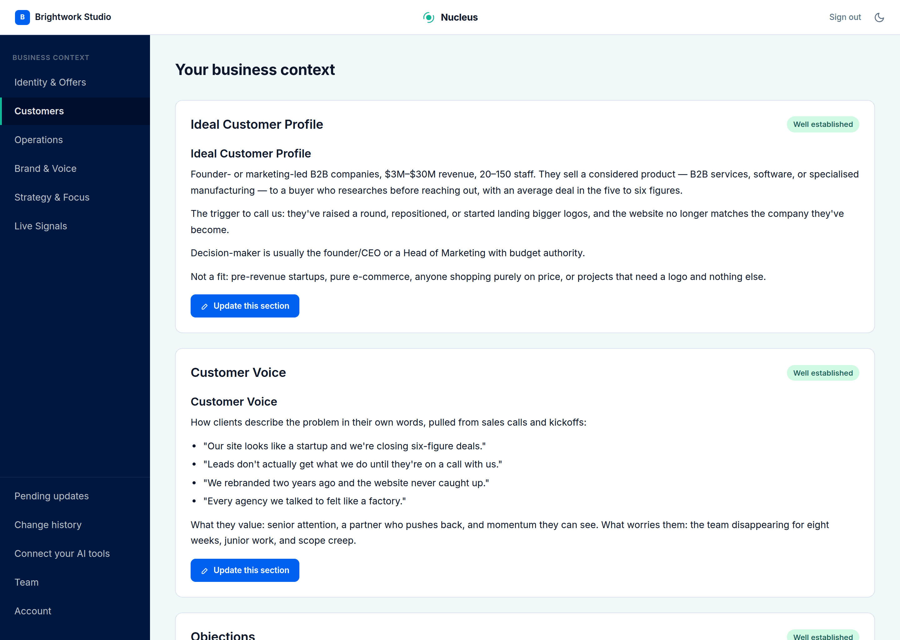 The Nucleus dashboard showing the Customers area — objection answers and customer voice your team can draw on.